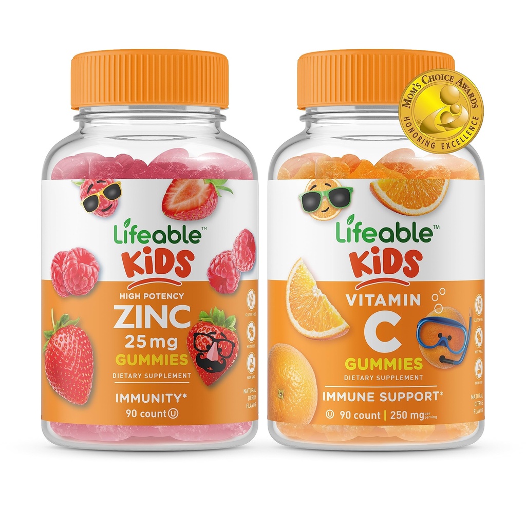 Ζωηρός ψευδάργυρος 25mg Παιδιά + παιδιά βιταμίνης C, Gummies Bundle - μεγάλη γεύση, συμπλήρωμα βιταμίνης, χωρίς γλουτένη, χωρίς γλουτένη, χωρίς γλουτένη, μασώμενη κοιλιά