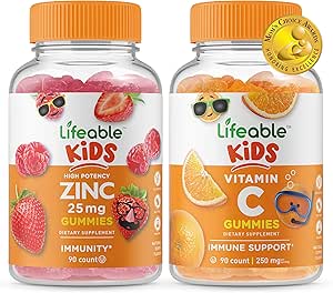 Lifeable Zinc 25mg Kids + Vitamin C Kids, Gummies Bundle - Great Tasting, Vitamin Supplement, Gluten Free, GMO Free, Chewable Gummy