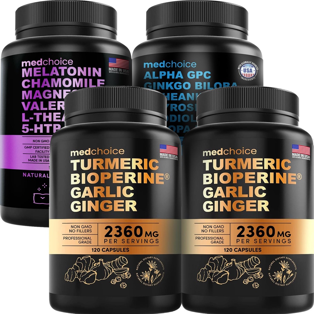 MEDCHOICE Turmeric & Ginger (240ct), Sleep Melatonin (90ct), and Nootropic Brain (60ct) Supplement Bundle - Wellness Trio for Brain, Sleep, & Immune Support - Vegan, Non-GMO, Gluten-Free