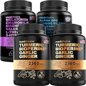 MEDCHOICE Turmeric & Ginger (240ct), Sleep Melatonin (90ct), and Nootropic Brain (60ct) Supplement Bundle - Wellness Trio for Brain, Sleep, & Immune Support - Vegan, Non-GMO, Gluten-Free