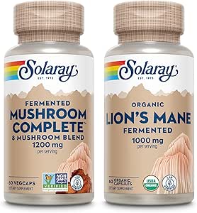 SOLARAY Mushroom Complete and Lions Mane Mushrooms Bundle - 8 Mushroom Supplement Plus Organic Lion’s Mane - Fermented for Enhanced Absorpition and Wellness Whole Body, 60-Day εγγύηση, 60 VegCaps Ea.