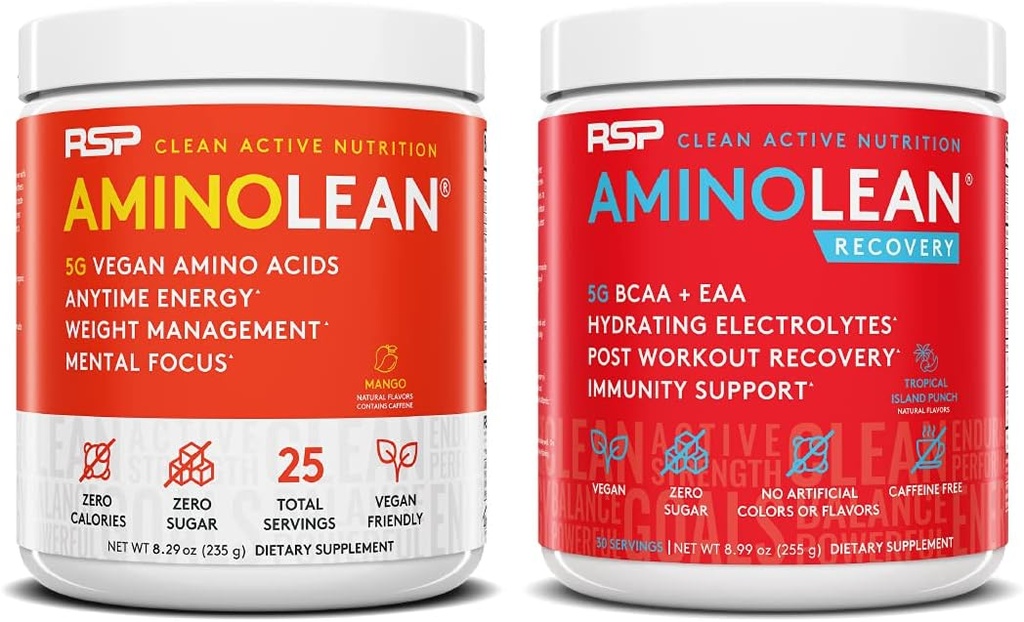 RSP NUTRITION Vegan AminoLean Pre Workout Energy (Mango 25 Services) με AminoLean Recovery Post Workout Boost (Tropical Island Punch 30 Services)