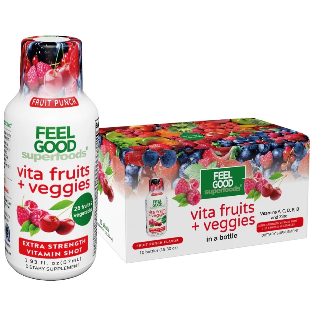 FeelGood Superfoods Vita Fruits and Veggies Immune Support Shot Supplements, Fruit Punch Flavor, Pack of 10 Immunity Shots, Immune System Booster Drink Made with 25 Βιολογικά Φρούτα & Λαχανικά