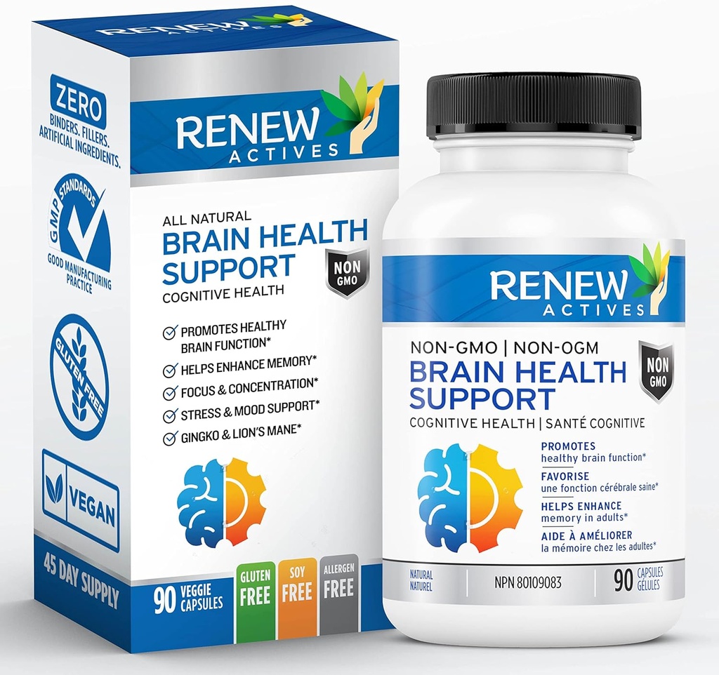 Renew Actives Brain Health Support – Bacopa 300MG, Ginkgo 100MG, Mane 200MG του Λέοντος ανά 2 κάψουλες – Υποστηρίζει Γνωστική Υγεία, Ενισχυμένη Μνήμη, Προάγει Εστίαση & Mood – Κατασκευάζεται στον Καναδά - 90 Κάψουλες