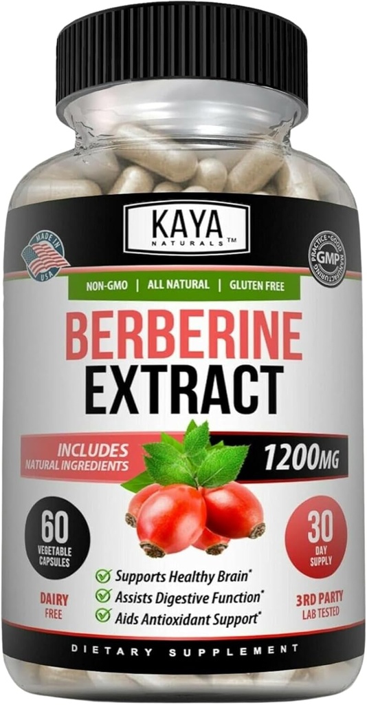 Kaya Naturals Berberine HCL Extract 1200mg - ανοσοποιητικό σύστημα - Επίπεδα γλουτένης - Υγεία των ορνίθων (χορτοφαγικά, μη ΓΤΟ και χωρίς γλουτένη) Συμπλήρωμα βερβερίνης (60 Count (Pack of 1)