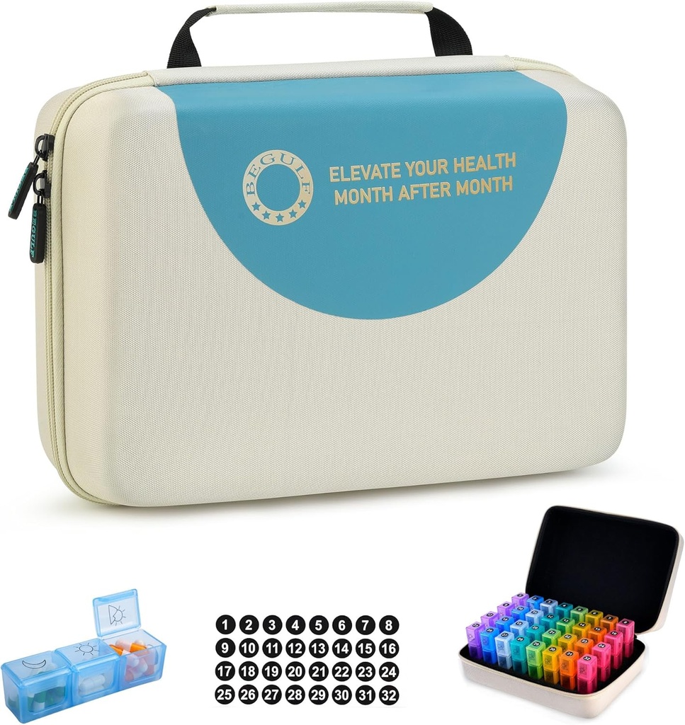 Drop-Proof μηνιαίος διοργανωτής χαπιών 3 φορές την ημέρα, 30 ημέρες ταξιδιών Pill Box Organizer με 32 ημερήσιες διαμερίσματα, ιατρική Organizer Box για βιταμίνη, ιχθυέλαιο, συμπλήρωμα (Μπεζ)
