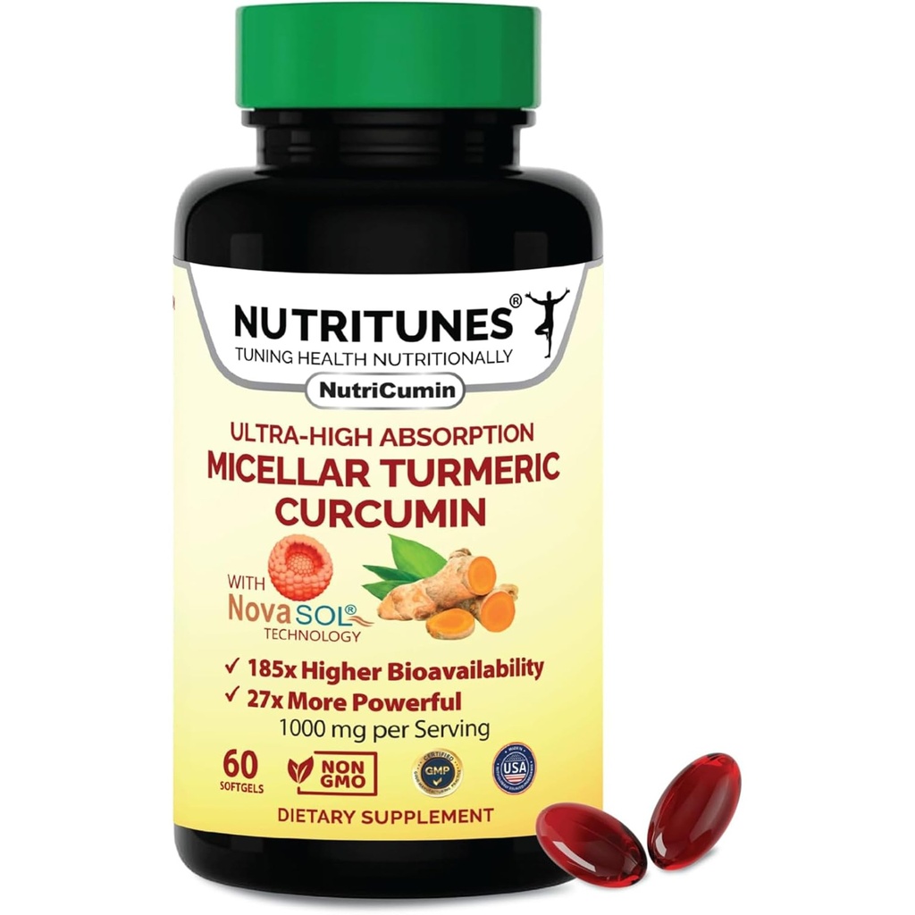 NutriCumin NovaSOL Turmeric Curcumin 1000 mg – 185× Absorption – Supports Joint Comfort & Mobility – Non‑GMO Softgels, 60 Ct.