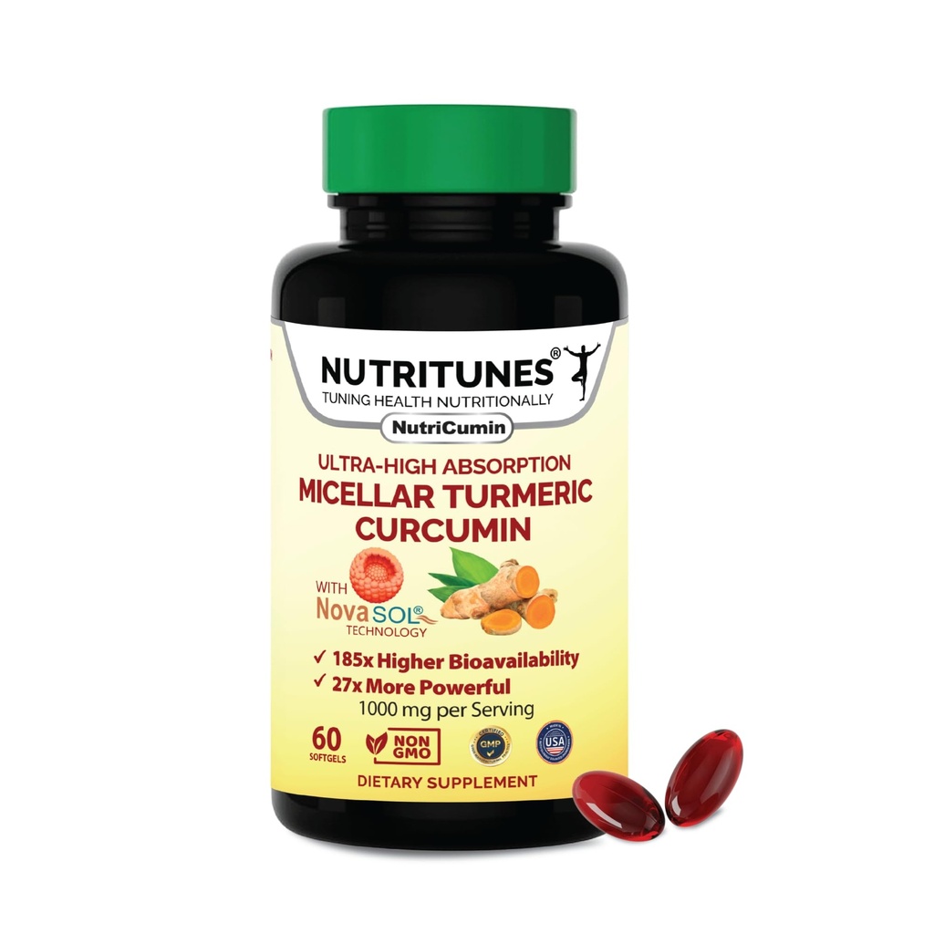 Turmeric Curcumin Supplement 1000mg για κοινή υποστήριξη-185x Βιοδιαθέσιμη & υψηλή απορρόφηση με τεχνολογία NovaSOL – 60 NutriCumin Softgels