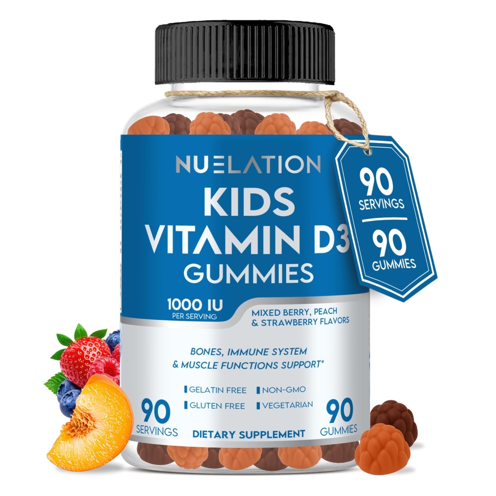 Vegetarian Vitamin D Kids Gummies 1000 IU, 90 Servings, 90 Ct. Gelatin Free, and Gluten Free. Non-GMO Vitamin D3 Gummies For Toddlers & Teens to Support Bones, Joints, Muscle Functions & Immune System