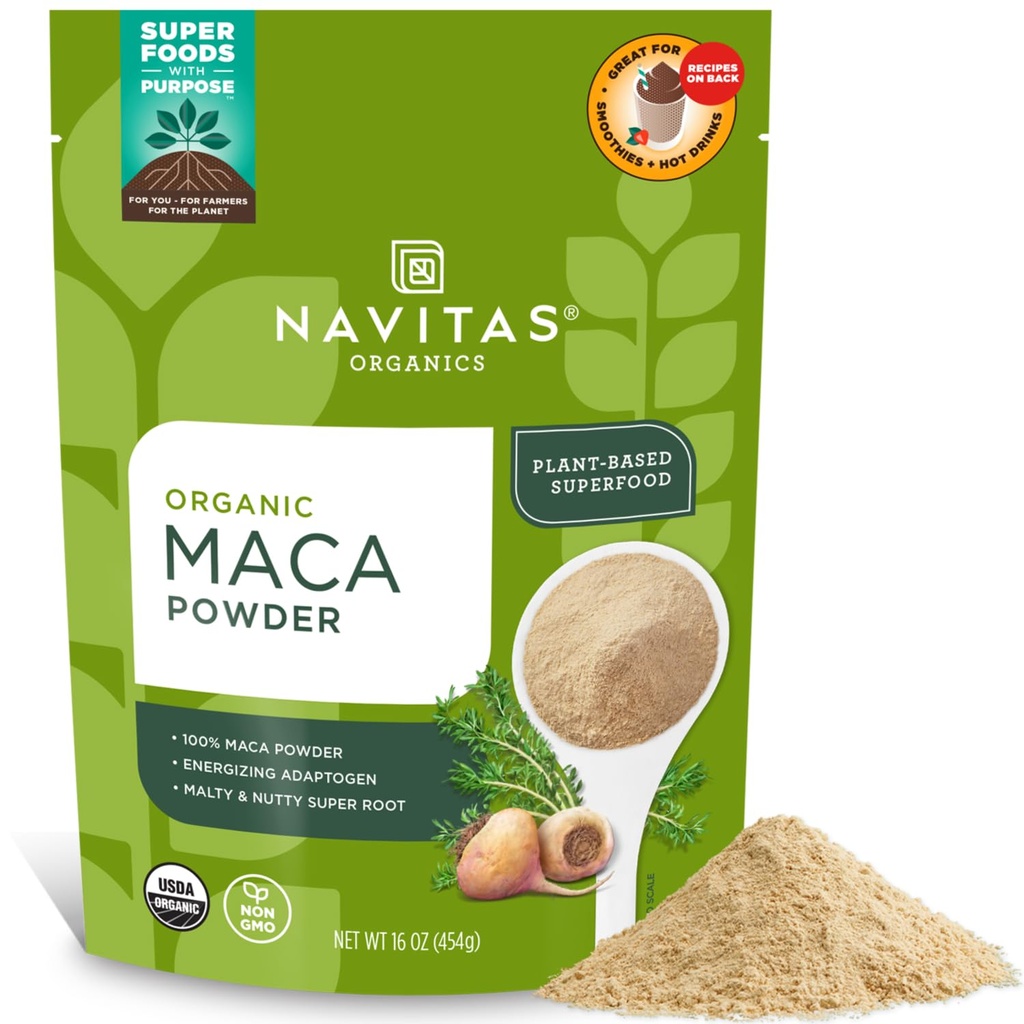 Navitas Organics Maca Powder – 100% Ζελατινοποιημένο Περουβιανό Maca για Smoothies, Lattes, Bakeing & More – Ενεργοποίηση & Ισορροπία - USDA Organic, Non GMO, Vegan, Gluten Free (16oz. Τσάντα, 180 σέρβις, 2-πακέτο)