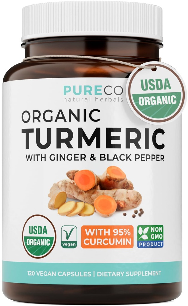 Organic Turmeric Ginger Black Pepper Supplement - High Potency Organic Turmeric Curcumin Capsules with Ginger & Black Pepper for Enhanced Benefits and Absorption - Vegan & Non-GMO (4 Month Supply)