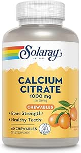 Solaray Calcium Citrate 1000 mg, Φυσικό συμπλήρωμα ασβεστίου Χηλικής Γεύσης Πορτοκαλιού για την Οστική Δύναμη, Δόντια, Νεύρο, Μυϊκό και Καρδιακή Λειτουργία Υποστήριξη, 60 ημερών Εγγύηση, 15 μερίδες, 60 Μασώμενα