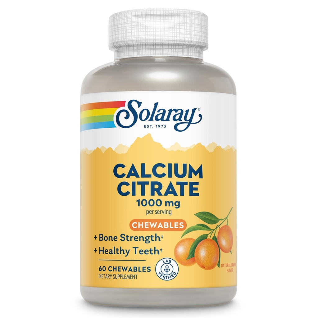 Solaray Calcium Citrate 1000 mg, Φυσικό συμπλήρωμα ασβεστίου Χηλικής Γεύσης Πορτοκαλιού για την Οστική Δύναμη, Δόντια, Νεύρο, Μυϊκό και Καρδιακή Λειτουργία Υποστήριξη, 60 ημερών Εγγύηση, 15 μερίδες, 60 Μασώμενα