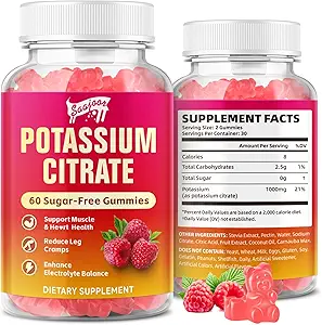 Potassium Citrate Gummies 1000mg, Potassium Supplement for Adults Women & Men, Support Leg Cramps & Muscle Health, 60 Count