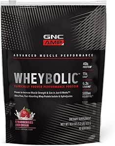 GNC AMP Wheybolic Clinically Proven Protein Powder, 40g Whey Protein, BCAA, Leucine, Increases Muscle Strength, Muscle Building, 3rd Party Tested, Gluten Free, Strawberries and Cream, 10 Servings