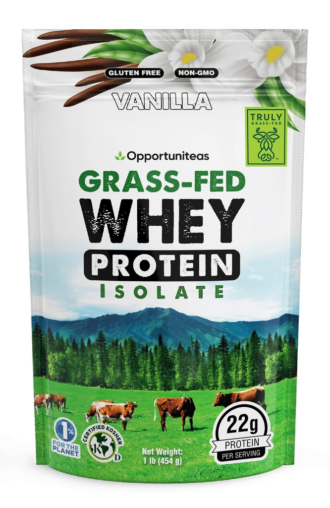 Opportunitas Grass Fed Vanilla Whey Protein Isolate Powder - 22g Protein Powder Χωρίς Τεχνητά Γλυκαντικά, Ορμόνες-ελεύθεροι αγελάδες, Μη GMO - 1lb