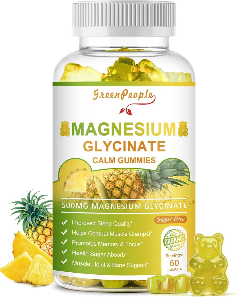 Glycinate Gummies μαγνησίου με κιτρικό 1000mg, Taurate & Matale - Χωρίς ζάχαρη - Συμπλήρωμα καλίου μαγνησίου με βιταμίνη D, K2 για υποστήριξη Calm Mood & Zzz - 60 Gummies ανανά