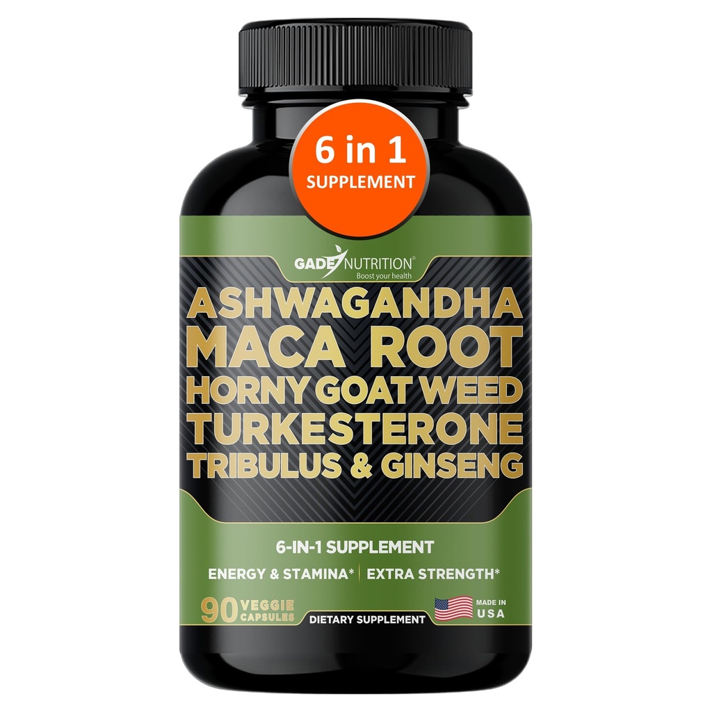Gade Nutrition Ashwagandha with Maca Root, Horny Goat Weed, Turkesterone Supplement, Tribulus Terrestris, Panax Ginseng | 90 Vegetable Capsules for Energy, Stamina, Performance. | Made in USA