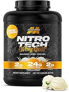 MuscleTech Whey Protein Powder (Vanilla Cream, 5LB) - Nitro-Tech Whey Protein Isolate Smoothie Mix for Lean Muscle & Recovery - 24g Whey Gold for Women & Men - Packaging May Vary