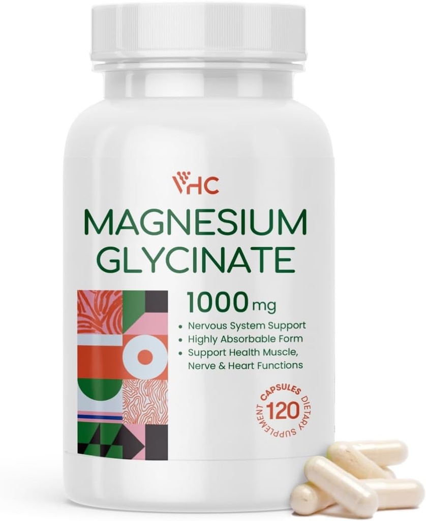 VHC Γλυκινικό μαγνήσιο 1000mg, μέγιστη απορρόφηση Χηλικό καθαρό συμπλήρωμα γλυκινικό μαγνήσιο για γυναίκες και άνδρες, χωρίς γλουτένη Gluten, 120 Veggie Caps, Made in USA