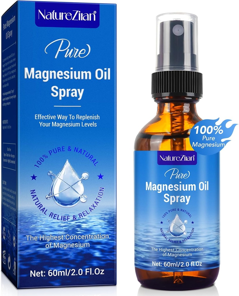 Magnesium Oil Spray-100% Organic Natural Magnesium Spray-Nourish The Skin-Easy to Absorb and Use-Glass Bottle 2 fl oz
