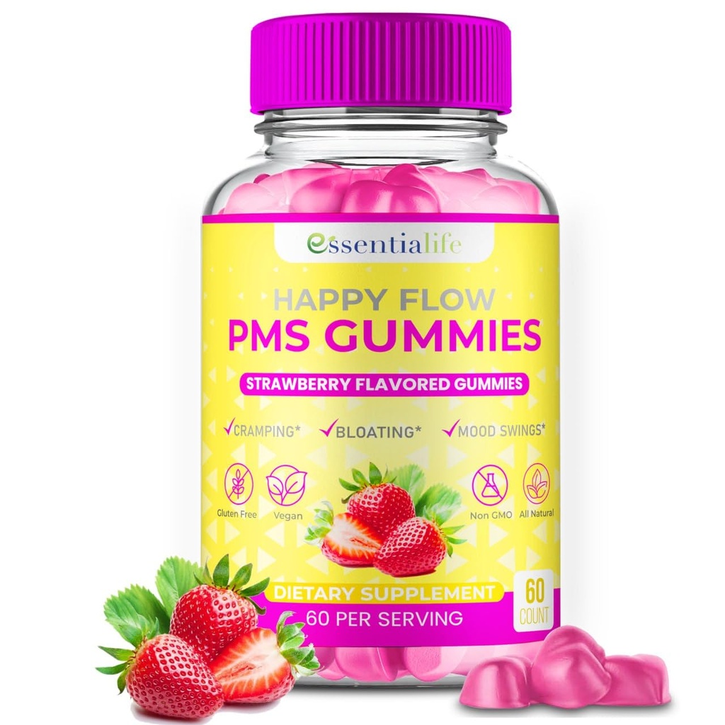 PMS Gummies - Happy Flow PMS Support Supplement for Women - Strawberry PMS Relief Supplement with Vitamin B6 for Hormone Balance, Period Support, Cramps, Hormonal Acne & Bloating Relief (60 Count)