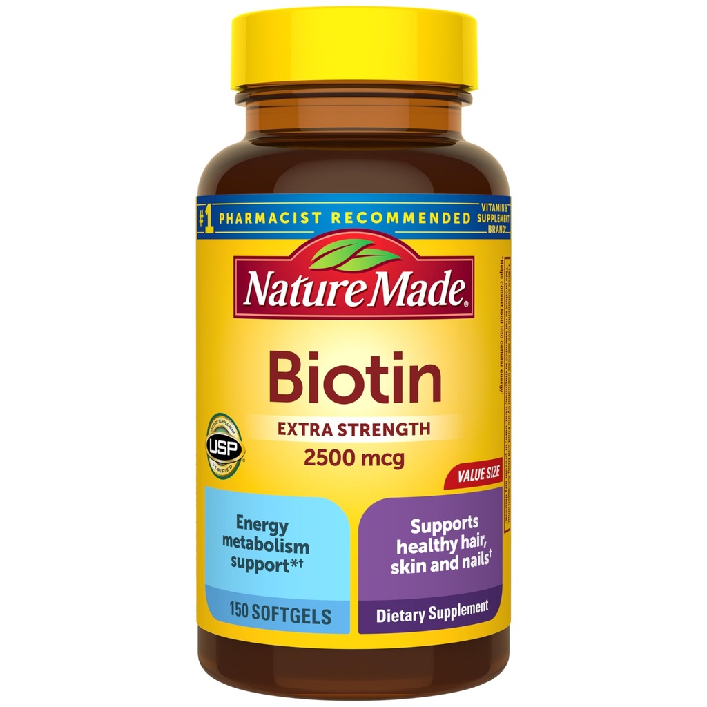 Nature Made Biotin 2500 mcg Extra Strength, Biotin Συμπληρώματα Υποστήριξη υγιές δέρμα μαλλιών & νύχια, 150 Softgels, 150 Ημέρα προσφοράς