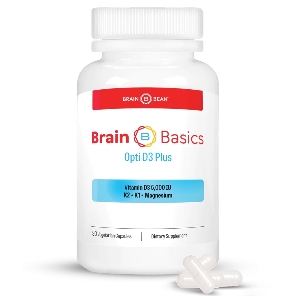 Brain Basic Opti D3 Plus - Βιταμίνη D3 5000 IU με K1, K2, και Μαγνήσιο - Συμπλήρωμα υποστήριξης εγκεφάλου για Mood, Mind, Memory - Οστό, Μυς και Ανοσοποιητική Υγεία - Χωρίς γλουτένη, Χωρίς σόγια και Χωρίς γαλακτοκομικά