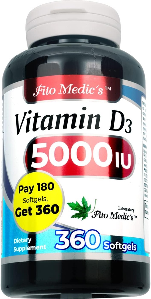 FITO MEDIC'S Lab - Βιταμίνη d - 5000 IU - Βιταμίνη d3-360 Softgels - Βιταμίνη d3 5000 u - για Οστέινο, Δόντια, Μυϊκό και Ανοσοποιητικό Υγεία Υποστήριξη, Εξαιρετικά υψηλή απορρόφηση, βιταμίνη d3.