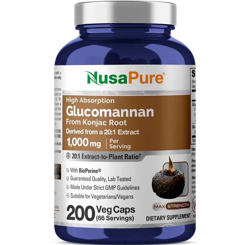 NusaPure Glucomannan 1000 mg per Serving 200 Veg Caps (BioPerine, Non-GMO, Vegan) Konjac Root