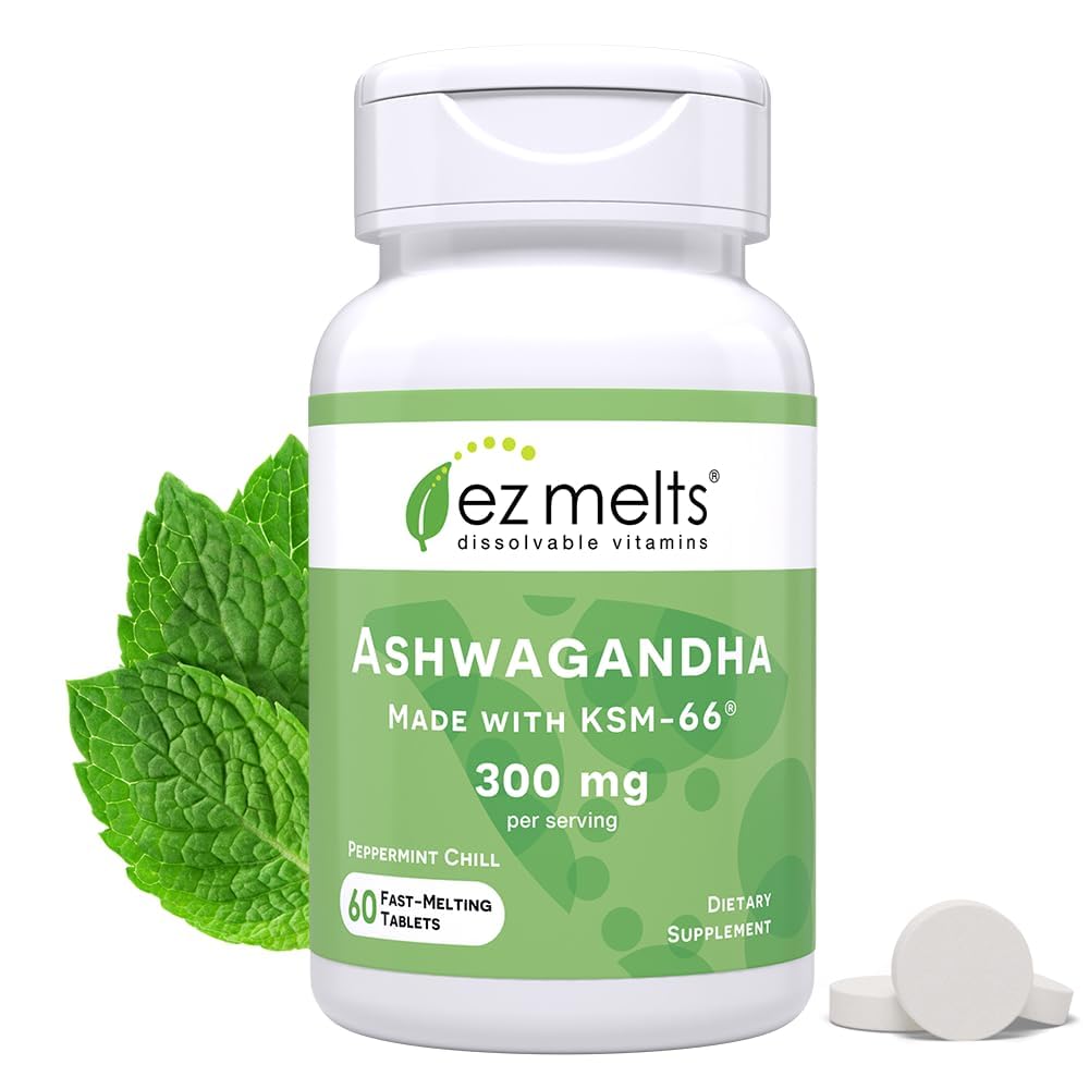 EZ Melts Dissolvable KSM-66 Ashwagandha, 300 mg, Sugar-Free, Stress, Sleep and Mood Support Supplement, 30-Day Supply, Peppermint Chill-Flavor - 1 Pack