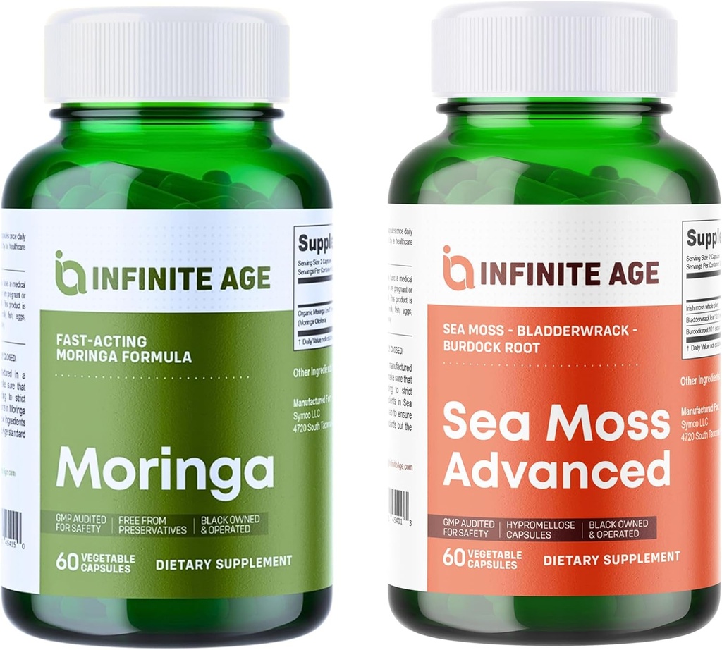 INFINITE AGE Wellness Bundle - Sea Moss Advanced 1250mg, Moringa Powder Organic Supplement 1000mg - Κατασκευασμένο στις ΗΠΑ