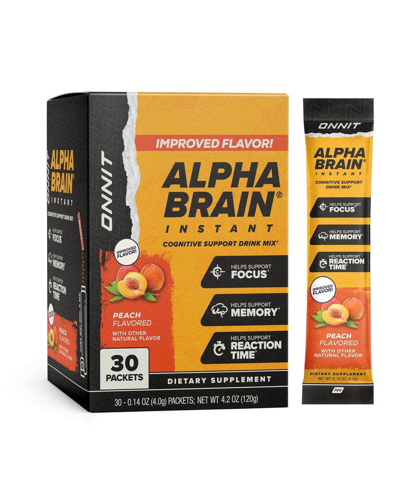 ONNIT Alpha Brain Instant Cognitive Support Drink Mix, Nootropic Supplement for Focus, Memory and Clarity, Peach Flavor, 0.13 oz Packets, 30 Count