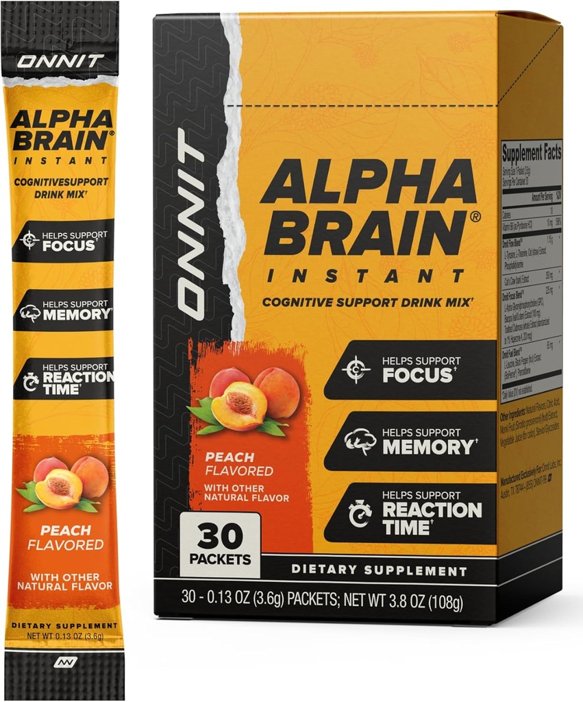ONNIT Alpha Brain Instant Peach Flavor - Nootropic Brain Booster Memory Supplement - for Focus, Energy & Clarity - Alpha GPC Choline, Cats Claw, L-Theanine, Bakopa - 30ct