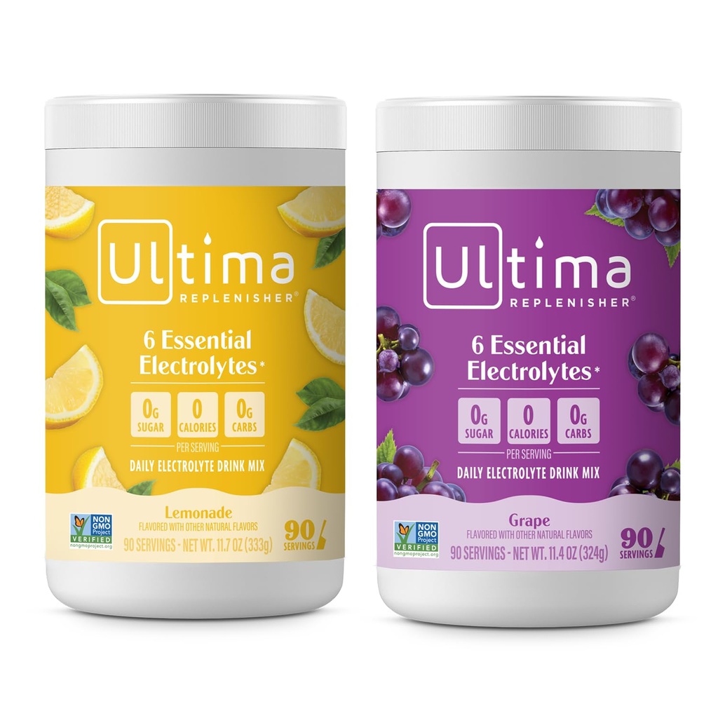 Ultima Replenisher Ηλεκτρολυτικό Ποτό σε σκόνη Mix Bundle – Χωρίς ζάχαρη – Λεμονάδα και Σταφύλι, 90 Σερβιρίσματα – Ενυδάτωση σε σκόνη - 6 Ηλεκτρόλυτα και Ιχνηλάτηση Ορυκτά – Κετό Φιλικό, Μη ΓΤΟ