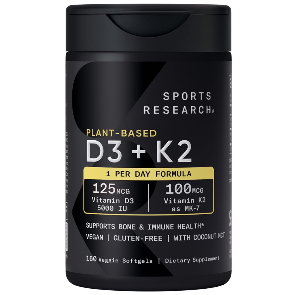 Sports Research Βιταμίνη D3 K2 με 5000iu φυτικής βάσης D3 & 100mcg βιταμίνης K2 ως MK-7, μη ΓΤΟ Επαληθευμένο & Vegan Certified - 160 Liquid Softgels