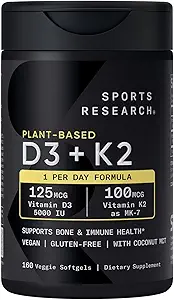 Sports Research Βιταμίνη D3 K2 με 5000iu φυτικής βάσης D3 & 100mcg βιταμίνης K2 ως MK-7, μη ΓΤΟ Επαληθευμένο & Vegan Certified - 160 Liquid Softgels