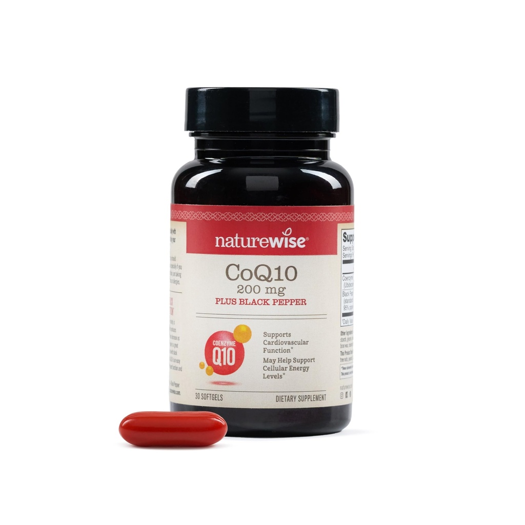NatureWise CoQ10 200mg + Black Pepper Softgels - Υψηλή Απορρόφηση Συνένζυμο Q10 + Μαύρο Πιπέρι - Αντιοξειδωτικό για την Καρδιά Υγεία + Κυτταρική Ενέργεια - Vegan, Μη Γλουτένη Χωρίς - 30 Count[30-Day Supply]