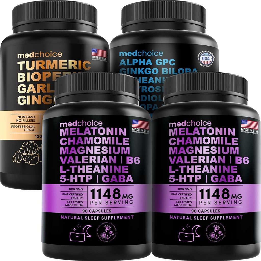 MEDCHOICE Turmeric & Ginger (120ct), Sleep Melatonin (180ct), και Nootropic Brain (60ct) Συμπλήρωμα Bundle - Wellness Trio για τον εγκέφαλο, τον ύπνο, & την ανοσοποιητική υποστήριξη - Vegan, Non-GMO, Gluten-free