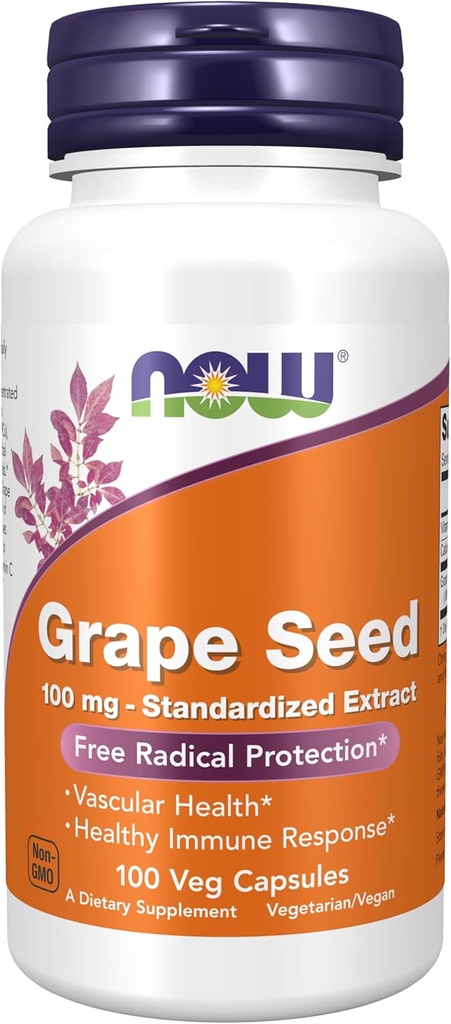 NOW Συμπληρώματα, Σπόροι σταφυλιών 100 mg - Standardized Extract, Εξαιρετικά συμπυκνωμένο εκχύλισμα με ελάχιστο 90% πολυφαινόλες, με Βιταμίνη C, 100 κάψουλες Veg