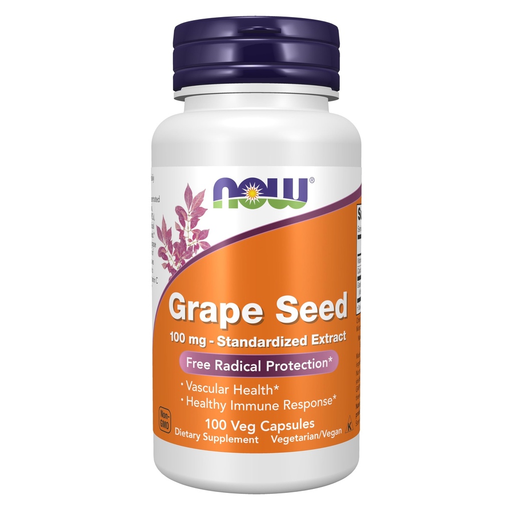 NOW Συμπληρώματα, Σπόροι σταφυλιών 100 mg - Standardized Extract, Εξαιρετικά συμπυκνωμένο εκχύλισμα με ελάχιστο 90% πολυφαινόλες, με Βιταμίνη C, 100 κάψουλες Veg