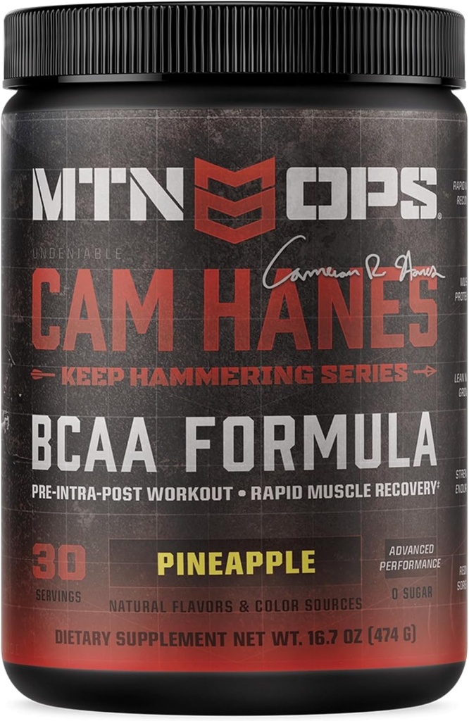 MTN OPS Cameron Hanes BCAA Powder Keep Hammering Series, 2:1:1 Amino Acids Supplement Powder for Rapid Mus Recovery & Repair with Zero Sugar & Glutten Free - 30-Serving Tub