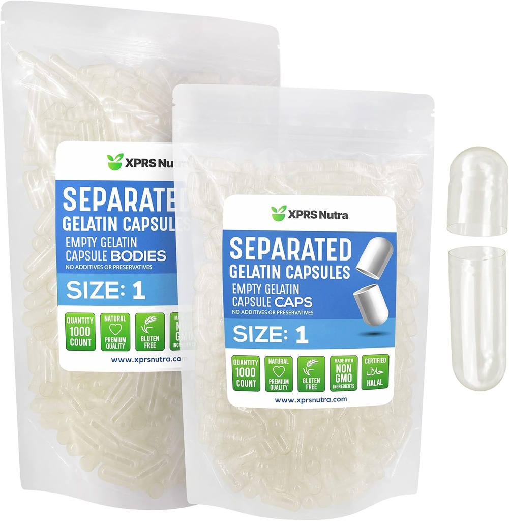 XPRS Nutra Size 1 Gelatin Separated Capsules - 1000 Count Empty Pill Capsules Separated in Bags - Clear Empty Pills for DIY Do-It-Yourself Supplement Filling