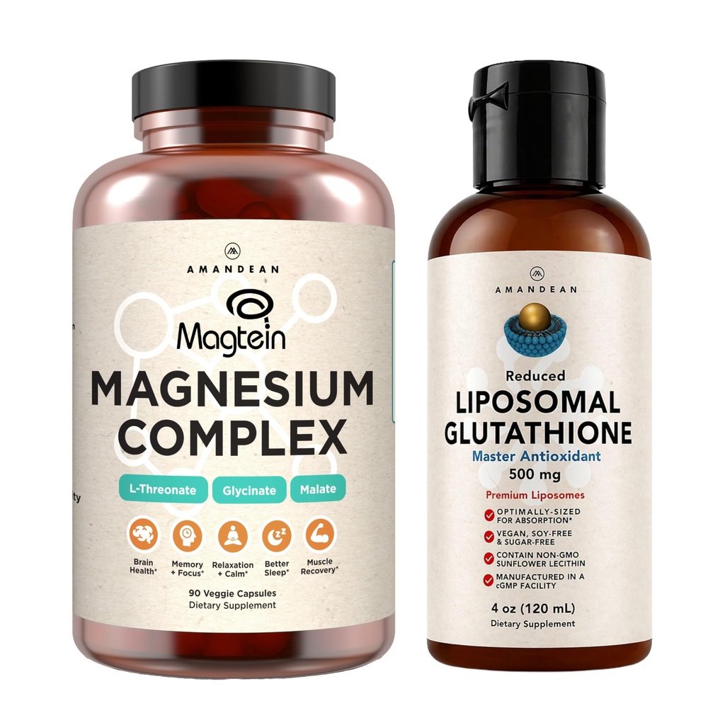 AMANDEAN Premium Liposomal Glutathionone & Magnesium Complex Bundle. Αντιοξειδωτικό. Υγρό Σέτρια. Υψηλής απορρόφησης Θρεονικό μαγνήσιο, Γλυκινικό & Μηλικό. Υγεία εγκεφάλου & ήπατος. Μνήμη, Εστίαση & Ύπνος