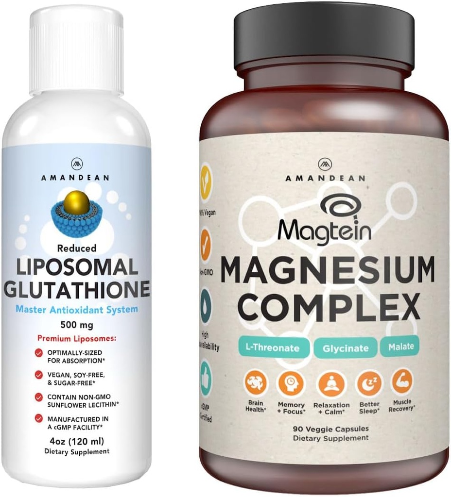 AMANDEAN Premium Liposomal Glutathionone & Magnesium Complex Bundle. Αντιοξειδωτικό. Υγρό Σέτρια. Υψηλής απορρόφησης Θρεονικό μαγνήσιο, Γλυκινικό & Μηλικό. Υγεία εγκεφάλου & ήπατος. Μνήμη, Εστίαση & Ύπνος