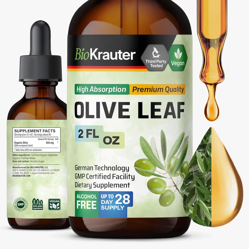 BIO KRAUTER Olive Leaf Extract Liquid - Olive Leaf Βάμμα για την Ανοσολογική Υποστήριξη - Αλκοόλ και Ζάχαρη Χωρίς - Vegan Drops 2 Fl.Oz.