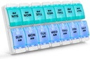 Sukuos AM PM Weekly 7 Day Pill Organizer, 2 Times A Day Pill Box with Arthritis Friendly Push Button, Medicine Cases for Vitamin/Fish Oil/Supplements, Easy to Clean (Cyan&Blue)