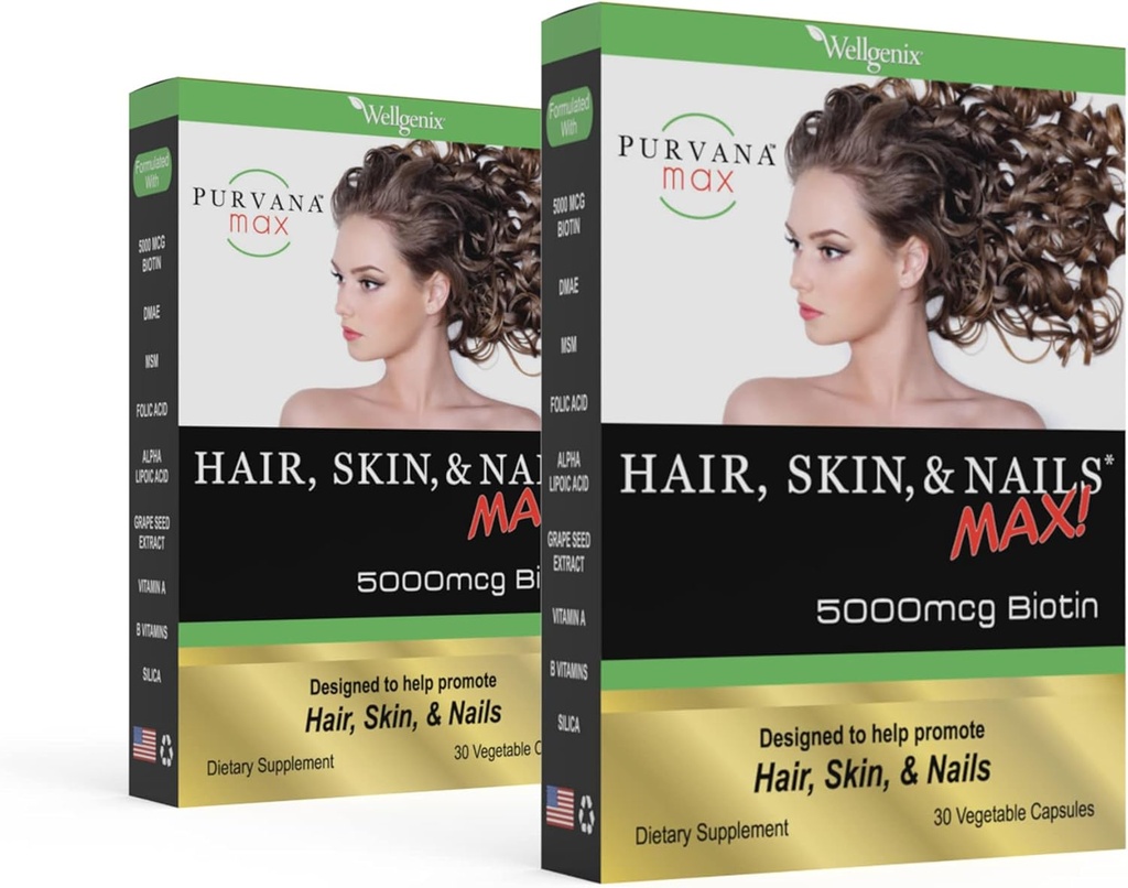Purvana Max Hair, Skin, and Nails Vitamin - 5000mcg Biotin, Follic Acid, DMAE, Grape Seed Extract - One a Day Vegan Hair, Skin, Nails Support - Προάγει την παραγωγή κολλαγόνου - 30 Caps (Pack of 2)