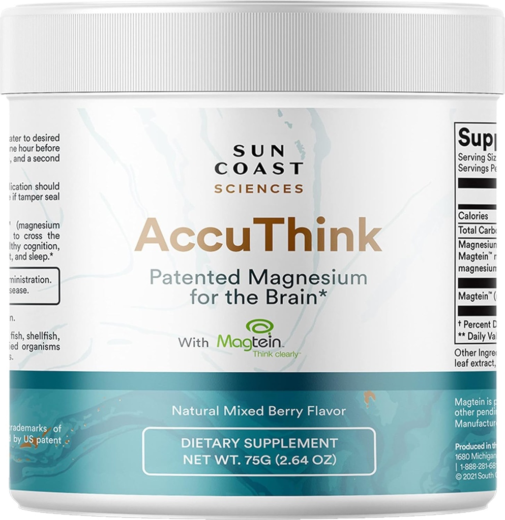 Sun Coast Science Sun Coast Sciences AccuThink - Πατενταρισμένος εγκέφαλος μαγνησίου - 2,64oz συμπλήρωμα μνήμης Brain Health, Sleep, Mood Boost - Συμπληρώματα γνωστικής υποστήριξης Μαγνήσιο Θρεονική βιταμίνη C