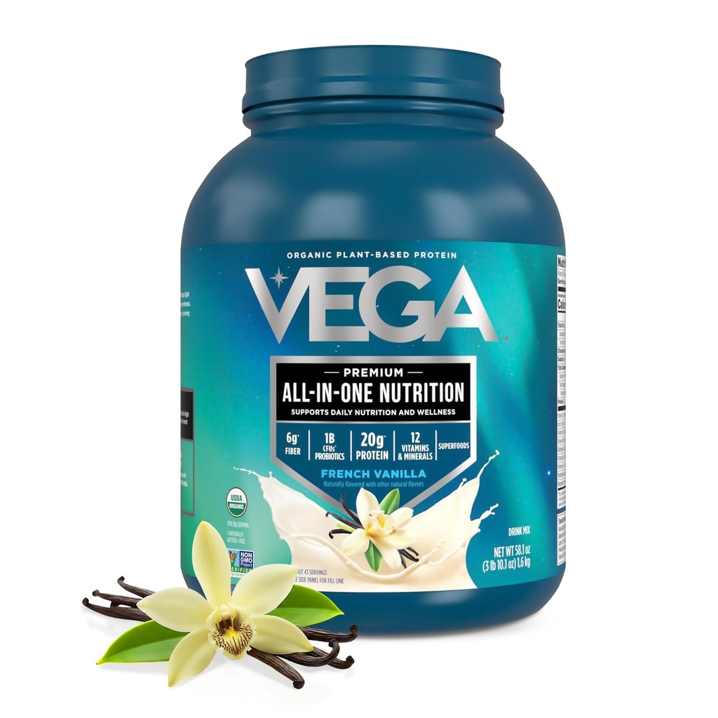 Vega All-in-One Nutrition Organic Vegan Protein Powder – French Vanilla, 20g Protein Meal Replacement Shake – 3.63 lbs (43 Servings)